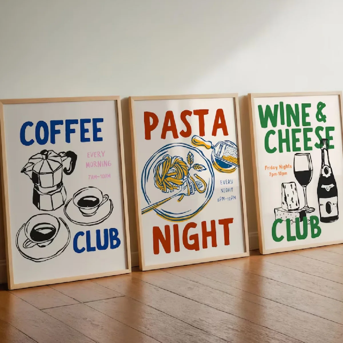 3-teiliges Set Retro Kaffee Pasta Wein Leinwanddrucke Poster Moderner Minimalismus Abstrakte Lebensmittel-Kunstdrucke Küchen-Wandkunst Wohndekoration
