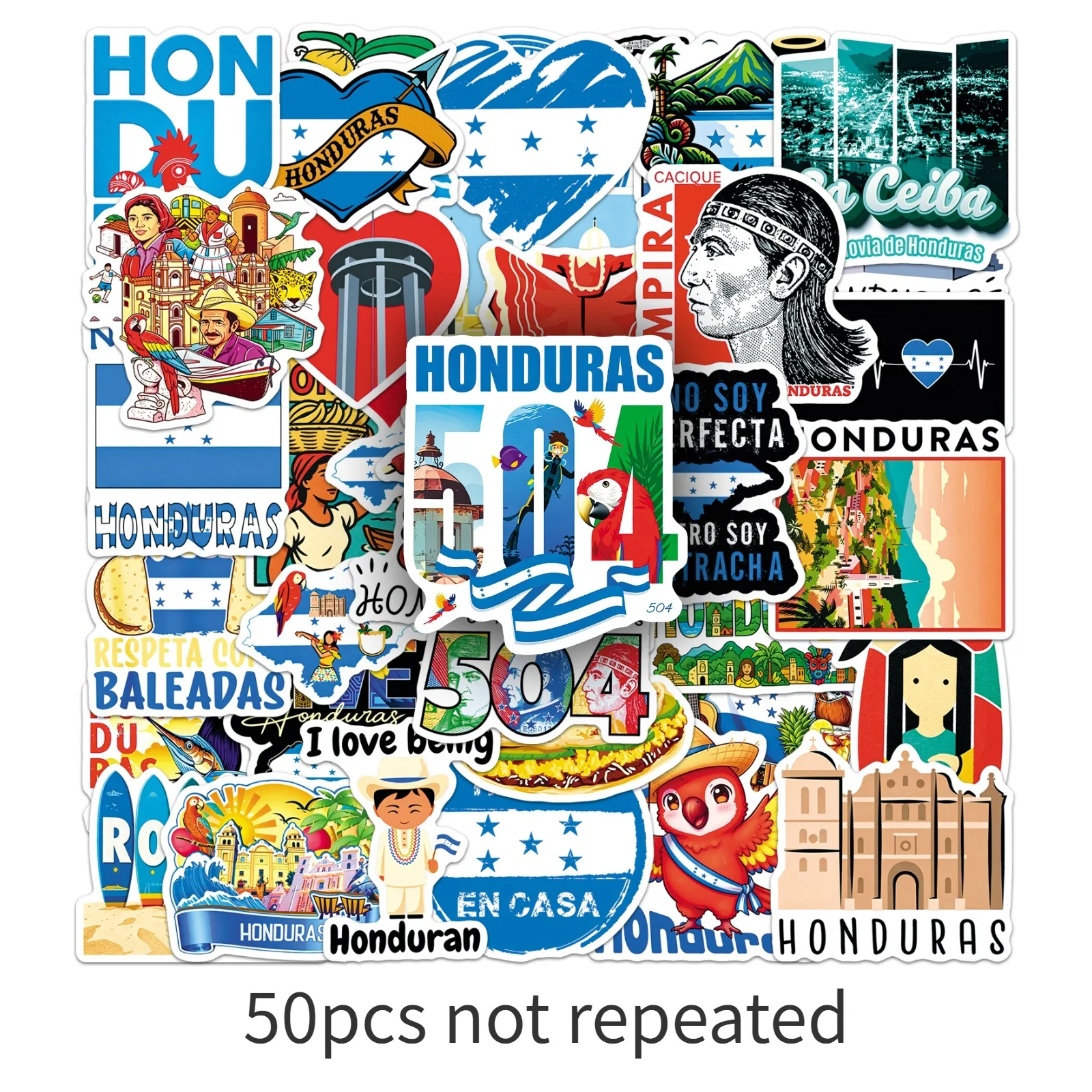 50PCS Honduras Souvenir Stickers National Flag Map Humanistic Landscape Waterproof Decals For Suitcase Phone Car DIY Craft