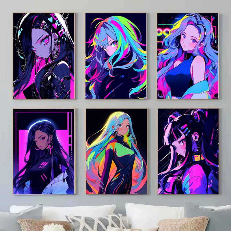 Cyber Anime Beautiful Cyberpunk Cute Teen Girl Posters and Prints Canvas Printing Wall Art Picture for Living Room Home Decor