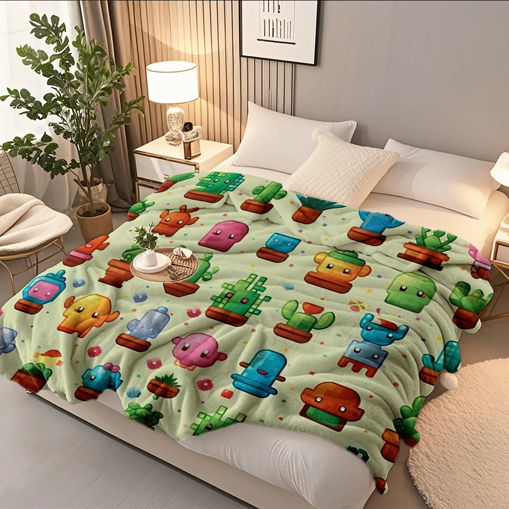 

Traditional Flannel Cozy Blanket Kawaii Cute Pixel Cactus Bed Scarf Throw Blanket For Seniors Travel With No-shedding