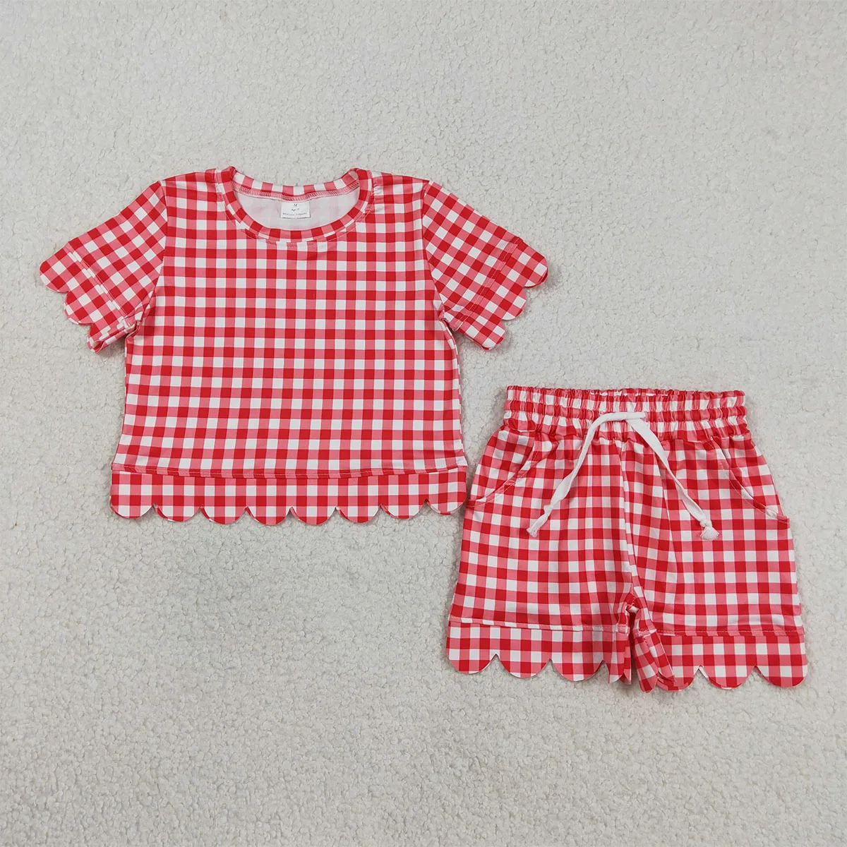 Summer Baby Girl Short Sleeve Red White Checked Shirts Top Outfits Scallop Pockets Shorts Kids Clothes Sets Children Clothing