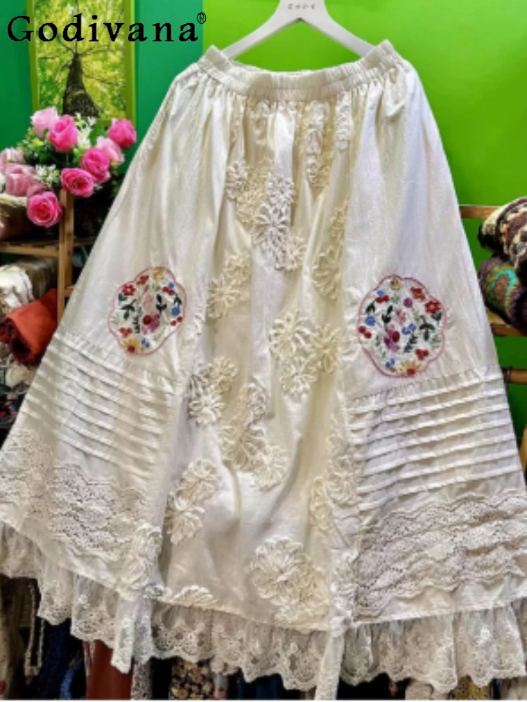 

Весенне-летняя элегантная женская юбка с вышивкой, на резинке, с широким подолом, модная, универсальная, омолаживающая, повседневная, кружевная, милая