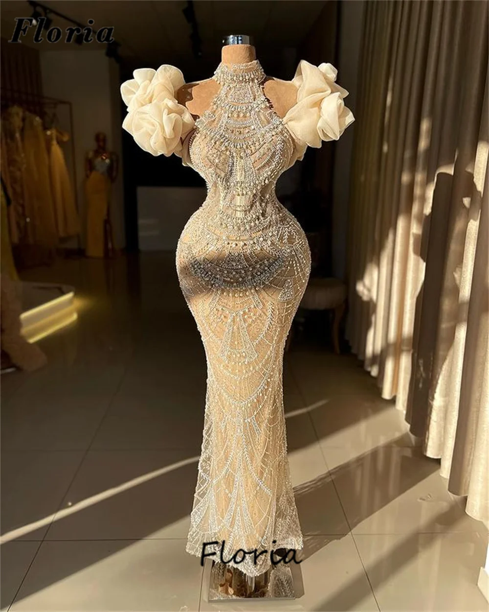 Arabic Ivory Halter Evening Dresses 2024 New Elegant Mermaid Long Prom Dress Coutures Dubai Beaded Pearls Engagement Party Gowns