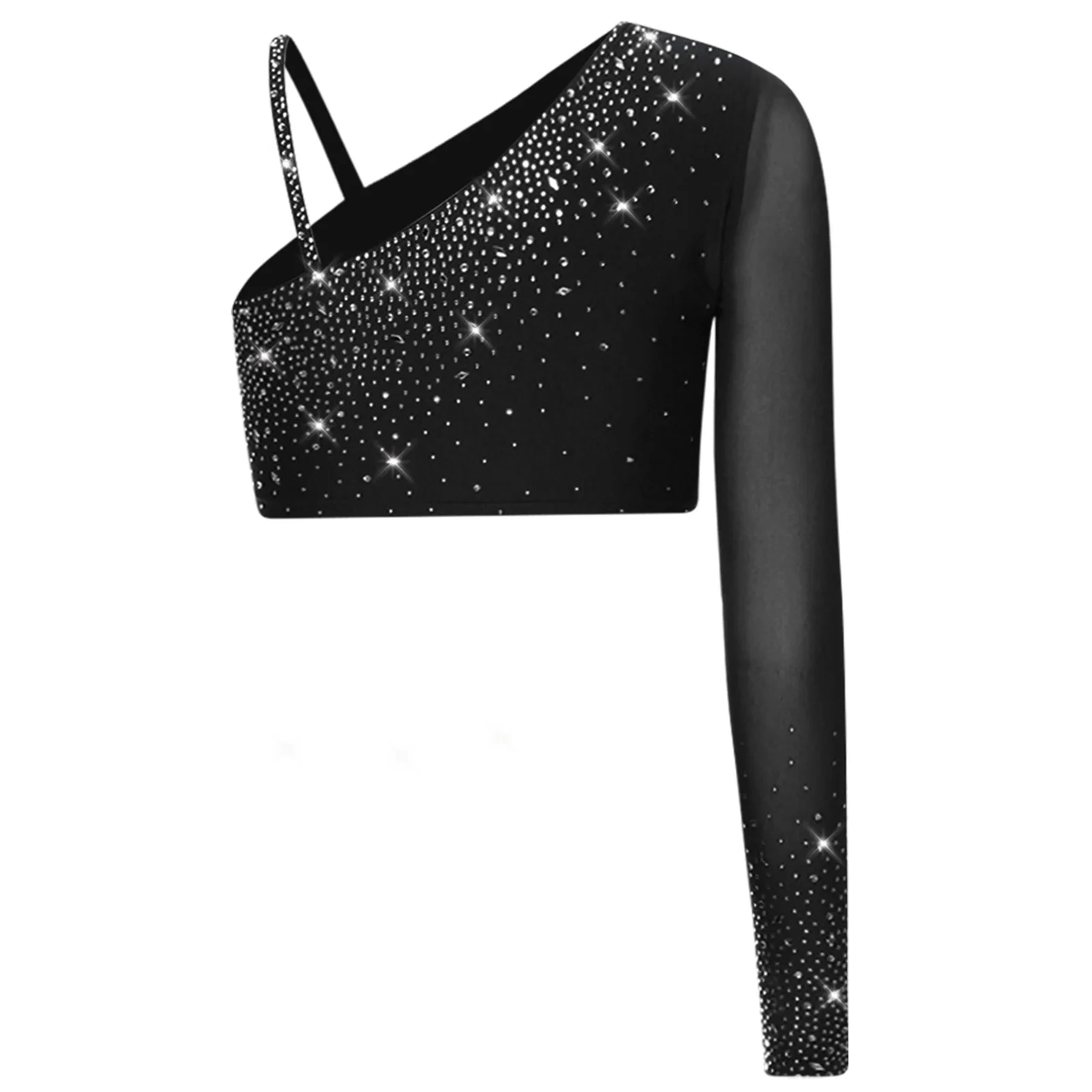 ผู้หญิง Lyrical Dance Crop Tops หนึ่งตาข่ายแขนยาว Rhinestones Pullover Cropped เสื้อยิมนาสติกสเก็ต Modern Dancewear