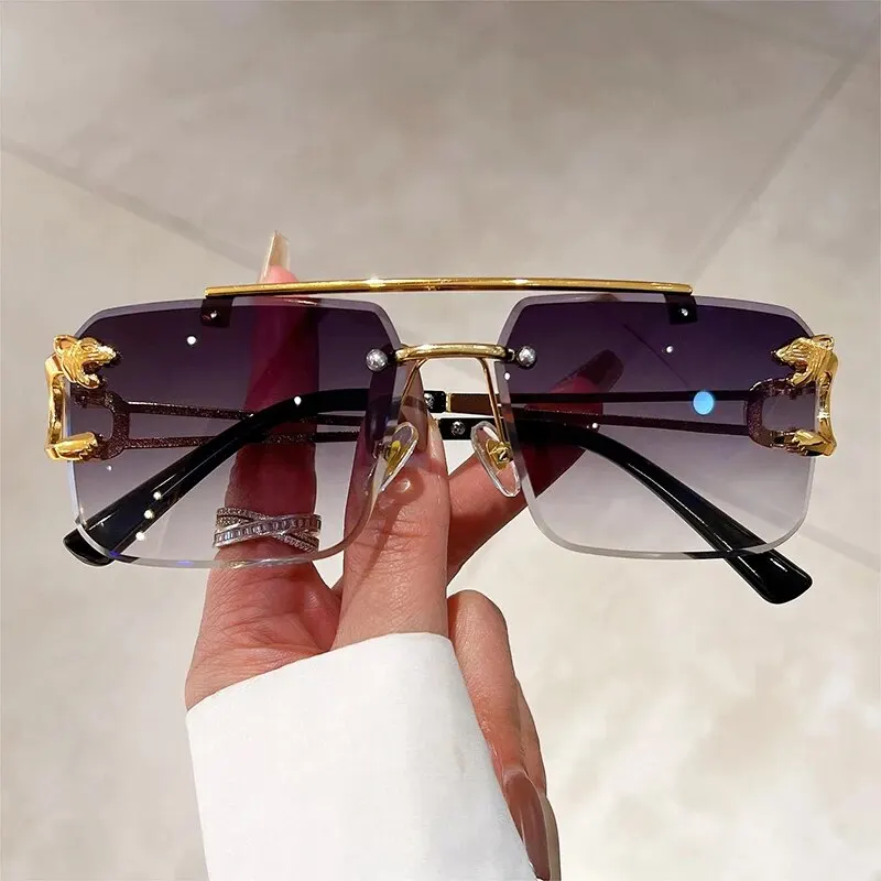 KAMMPT Rimless Square Double Bridge Sunglasses Fashion Stylish For Women Vintage Trend Brand Design Men Shades Eyewear