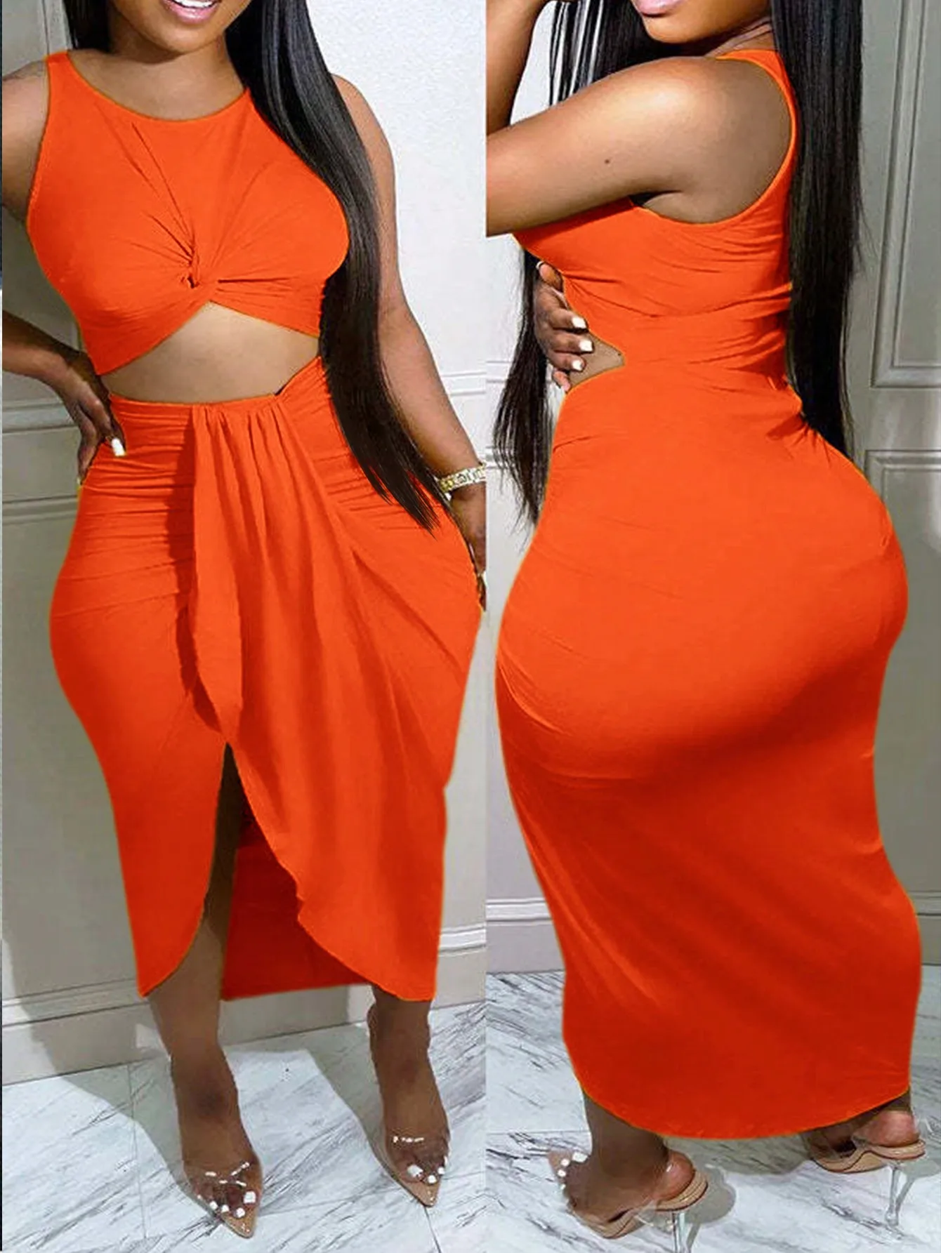 Vestido Midi Bodycon Laranja Sem Mangas com Torção Frontal e Recortes