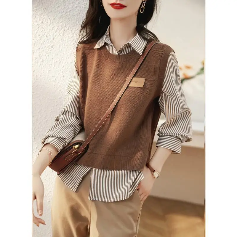 Fashion Button Spliced Striped Blouse Fake Two Pieces Women\'s Clothing 2023 Spring New Korean Pullovers Knitted Commute Shirt