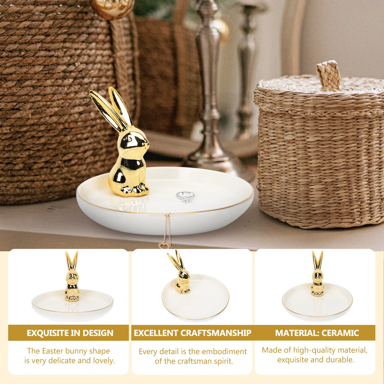 

1Pcs Easter Rabbit Ceramic Jewelry Tray Decorative Organizer Jewelry Storage Plate Ring Necklace Display Earrings Ring Tray