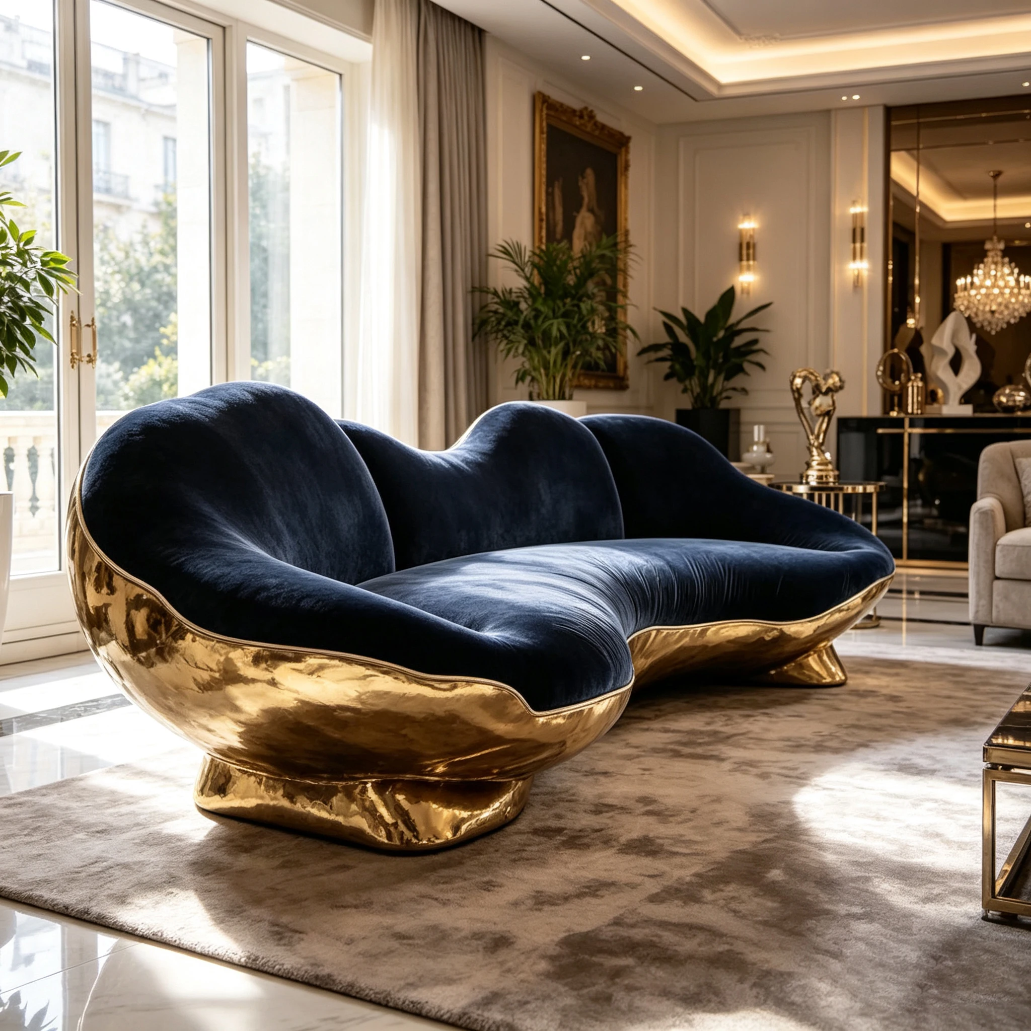 Z*-Deep Navy Velvet Curved Household Sofa Irregular Wavy Polished  Upscale Residential Decor^