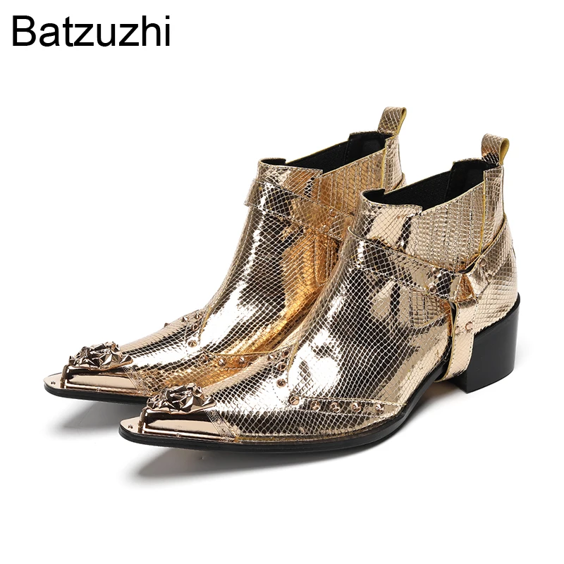 

Batzuzhi Luxury Men's Boots with Pointed Iron Toe Golden Leather Ankle Boots Man Punk Motorcycle, Party, Wedding Boots Man!