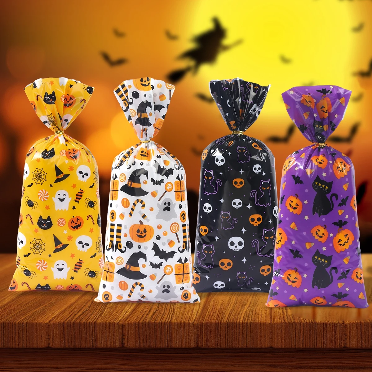 25/50/100pcs Halloween Ghost Cat Gift Bags Candy Cookie Packaging Bags Trick Or Treat 2024 Happy Halloween Party Decor Supplies