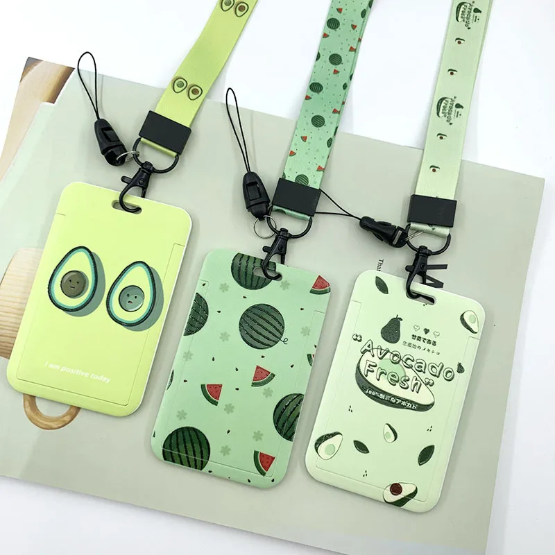 Funda con estampado de aguacate y dibujos animados para tarjeta de visita, funda con cordón para tarjeta de identificación y licencia de trabajo