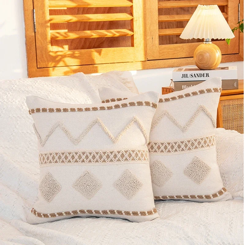 Bohemia Woven Cushion Cover Handmade Tassels Patchwork Pillow Cover Decorative Oat Colored Geometric Tufted Pillowcase Home Sofa