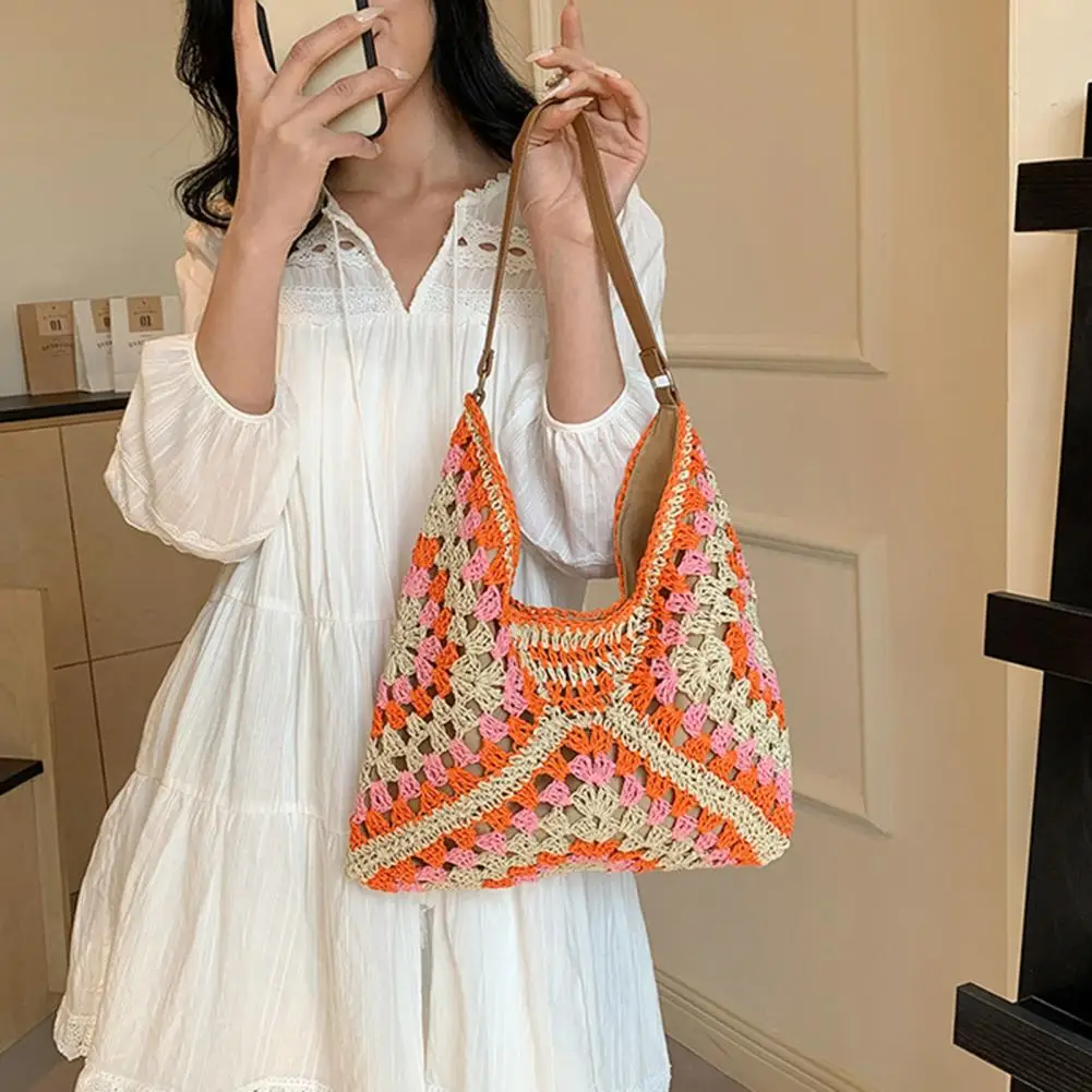 Лето 2025 года, соломенная вязаная сумка, ажурная большая сумка, однотонная пляжная сумка на плечо, праздничная дорожная сумка, кошелек на плечо в стиле бохо