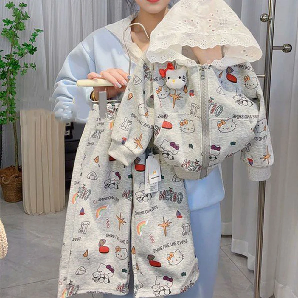 

Комплект повседневной одежды для девочек из 2 предметов, комплект Hello Kitty Anime Sanrioes Kids, весенняя новая мода, пальто с капюшоном и брюки с принтом, толстовка