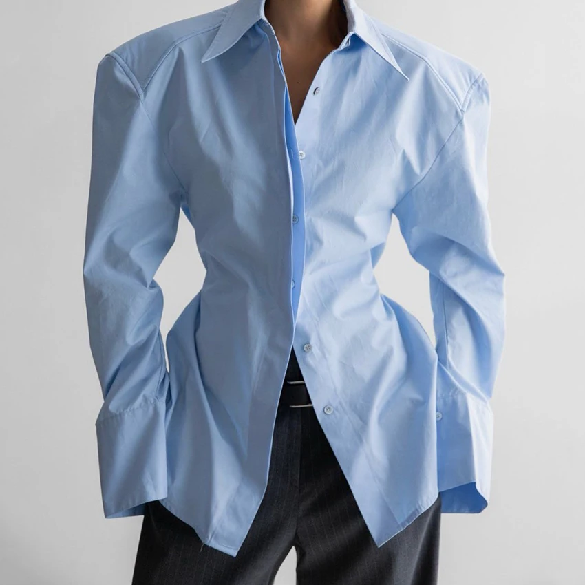 

Linad Casual White Puff Sleeve Shirts Female Office Lady Blue Single-Breasted Woman Blouse 2026 Street Chic Lapel Tops Spring