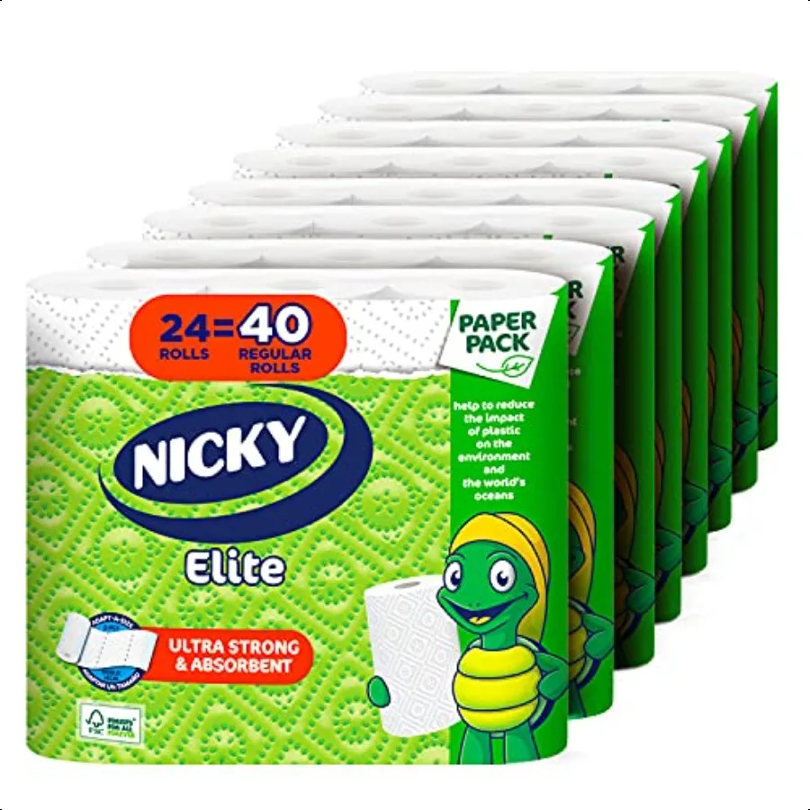 Asciugamani di carta Nicky Elite AdaptASize 24 rotoli grandi = 40 rotoli regolari Confezione senza plastica Involucro di carta Ultra resistente e assorbente