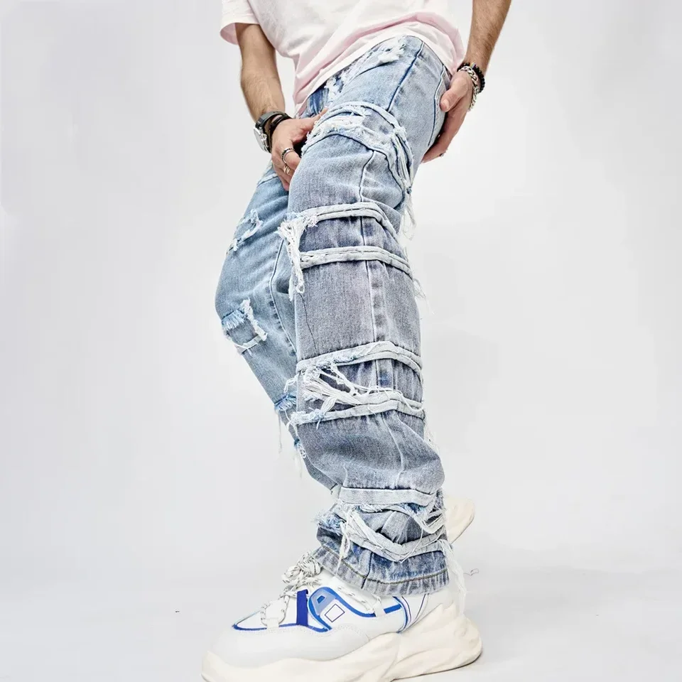 Vintage Jeans for Men Stretchy Denim Streetwear Tearing Patchwork High Street Wide-leg Pants Casual  Straight Trousers