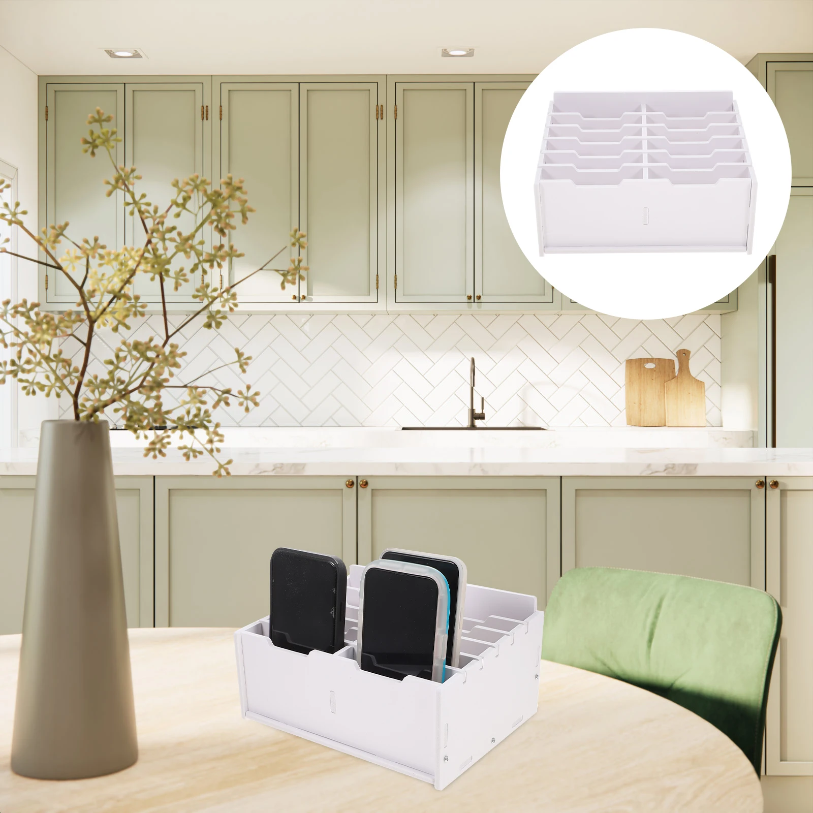 

Desk Multi-grid Sorting Box White Calculator Holder Telephone Organizer Wooden Storage Office Cellphone Stand Mobile Phone