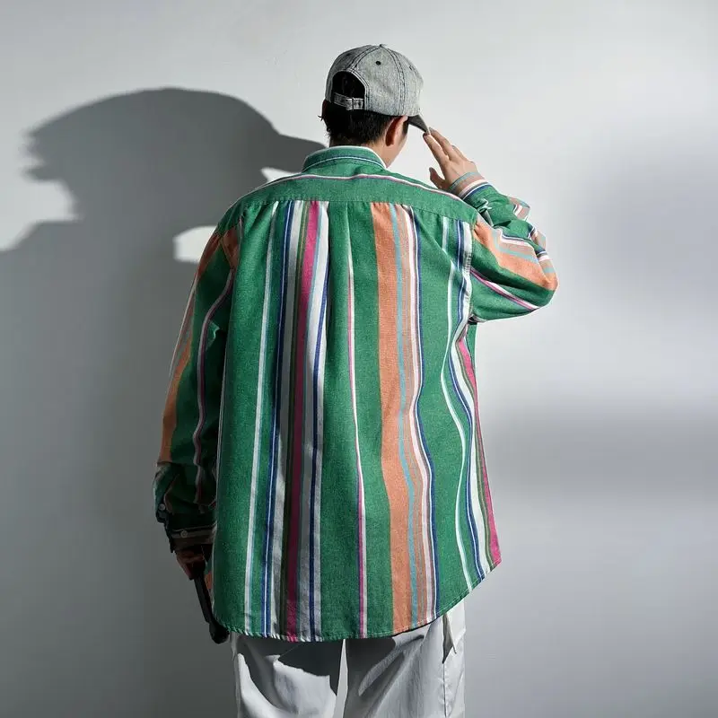 Spring Autumn Men's 2024 New Splicing Square Collar Button Stripe Fashion Minimalist Casual Loose All-match Long Sleeve Shirts