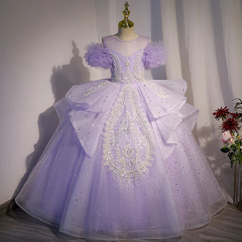 

Children Girls Princess Party Dress Host Piano Performance Clothes Birthday Celebration Pageant Formal Evening Gowns for Kids