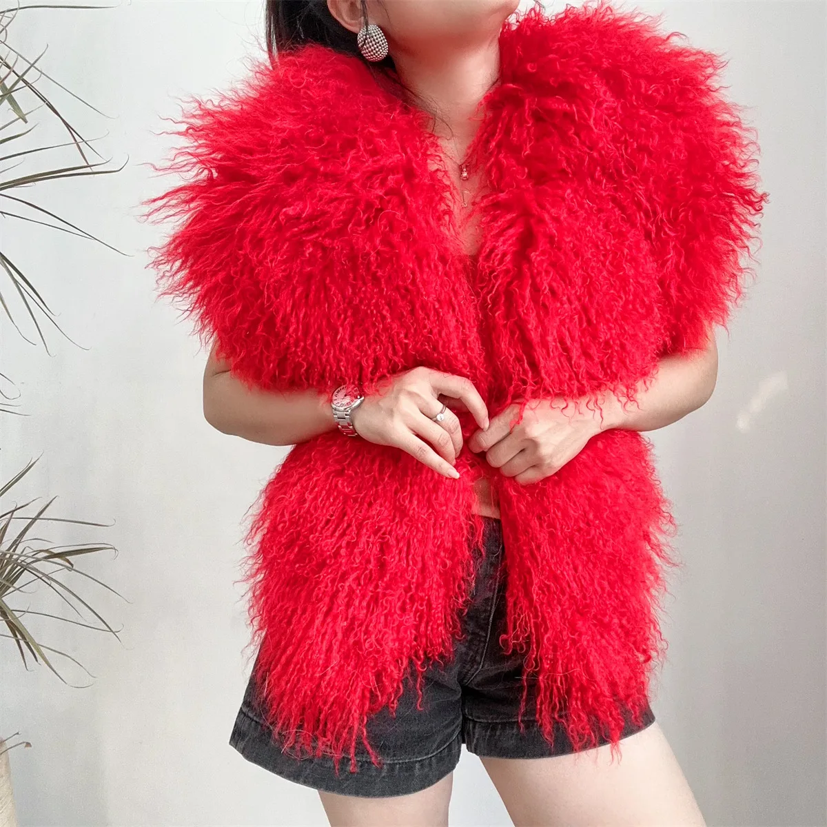 Real Mongolian Fur Vest White Black Fluffy Fashion Sexy Luxury V-Neck Backless Sleeveless Jacket Top Outerwear Coat 2025