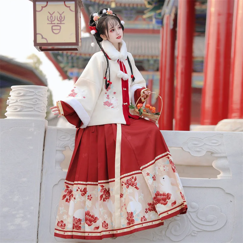 Elegant Hanfu Dress with Embroidery, Chinese Traditional Costume for Women, Rabbit Year Festive Outfit for Autumn and Winter