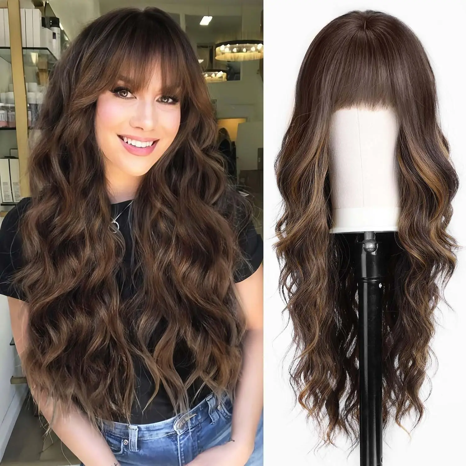 ESIN Long Body Wavy Synthetic Wigs Brown Loose Wave Cosplay Wig with Bangs Natural Party Lolita Wig for Women Heat Resistant