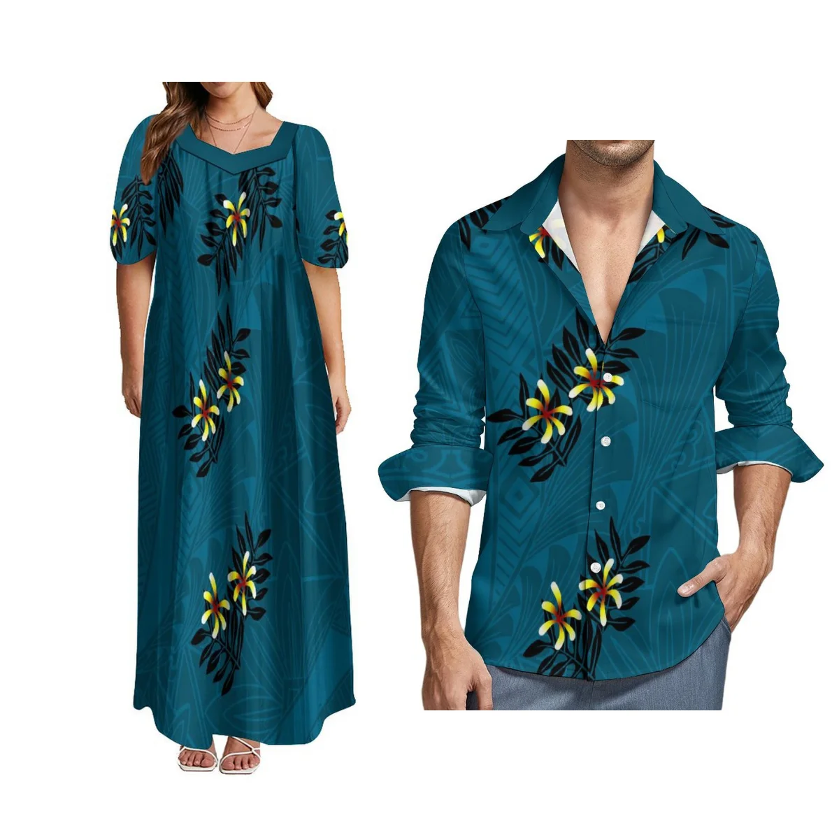 Polynesian Women Square Chicken Heart Neck Long Dresses Hawaii Tribal Men Long Sleeve Shirts Samoa Blue Couple Set Matching