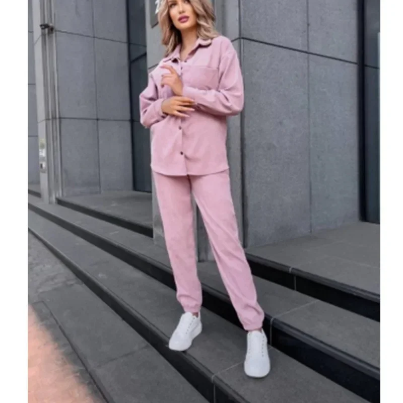 Women's New Autumn Fashion Warm Satin Velvet Solid Color Two-piece Set Metal Button Long Sleeve Shirt Elastic Waist Calf Pants