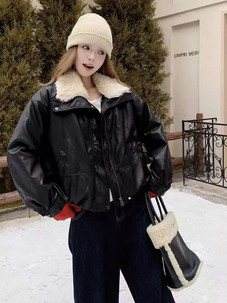 Vintage Pu Leather Parker for Women Winter Thick Lamb Fur Collar Warm Coats Y2K American Streetwear Loose Stand Collar Outerwear