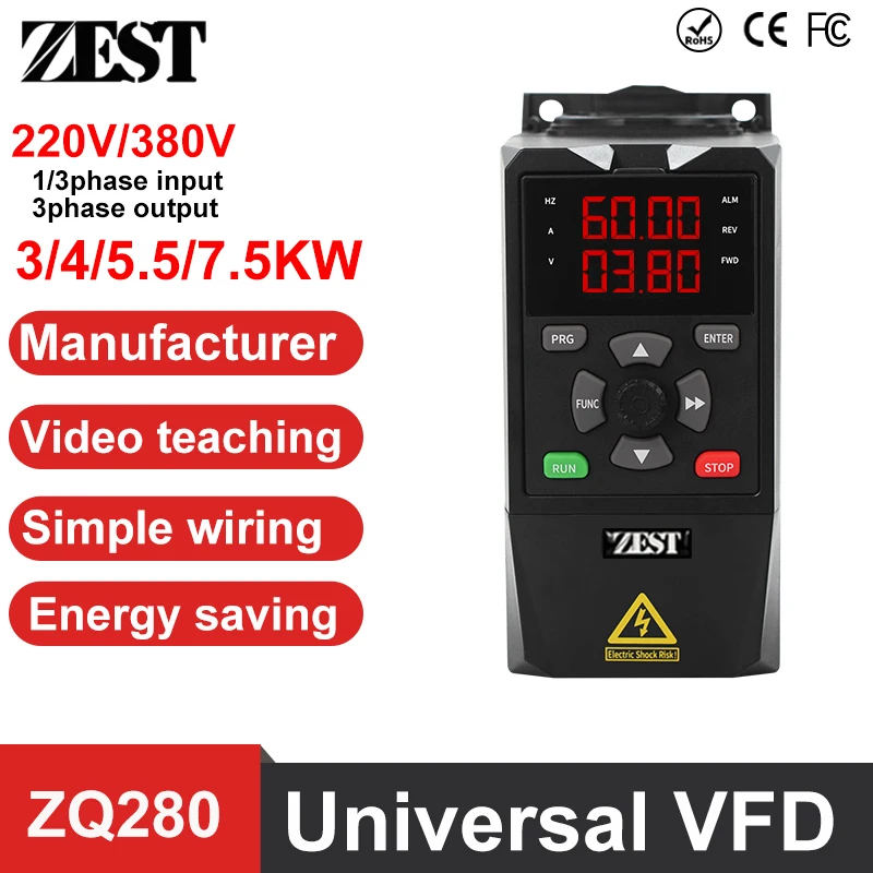 

ZQ280 220V 380V 3/4/5.5/7.5KW for Variable Frequency Drive 3 Phase Speed Controller Inverter Motor VFD Inverter