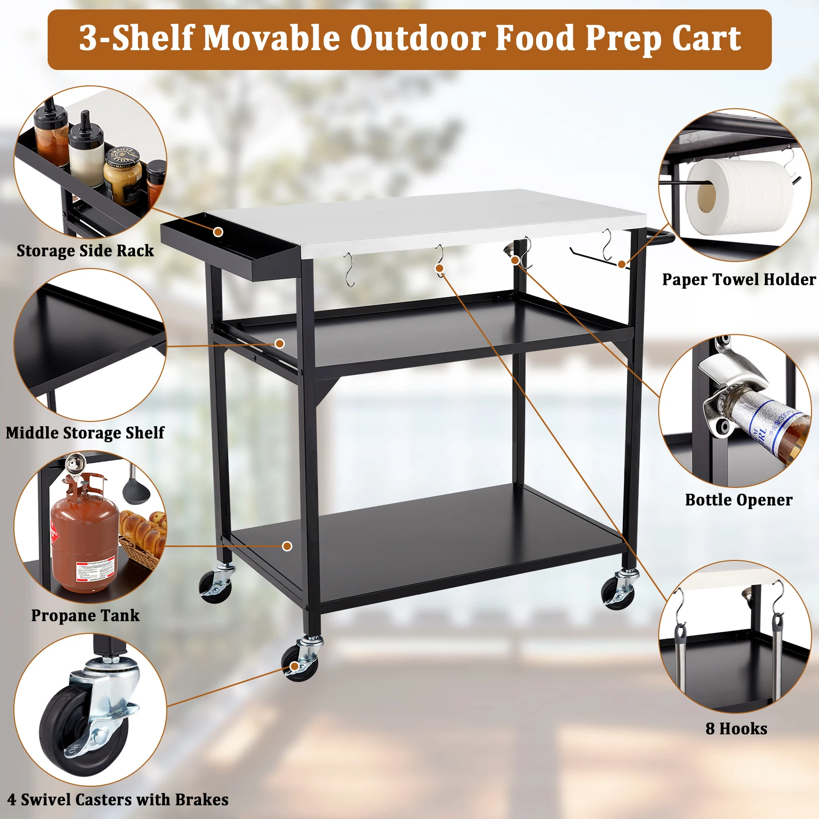 طاولة عربة الشواية الخارجية، طاولات فرن البيتزا المتحركة المصنوعة من الفولاذ المقاوم للصدأ مع 4 عجلات، طاولة إعداد طعام المطبخ مع رف تخزين