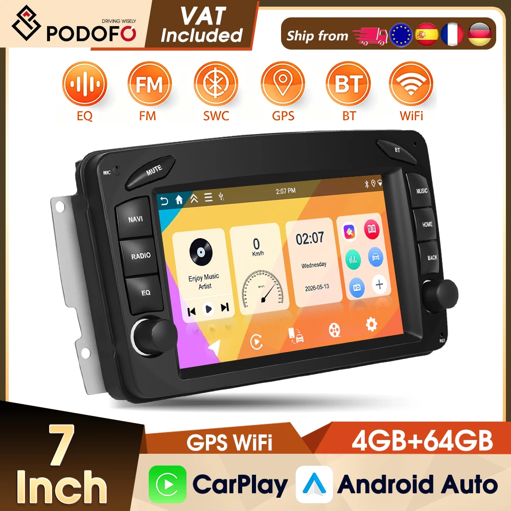 Podofo 2 DIN 4+64G Autoradio Stereo GPS 7" WiFi FM RDS Mirror Link für Mercedes-Benz CLK (W209) / E-Klasse (W210) / C-Klasse (W203) Autoradio Smart Intelligent Systems