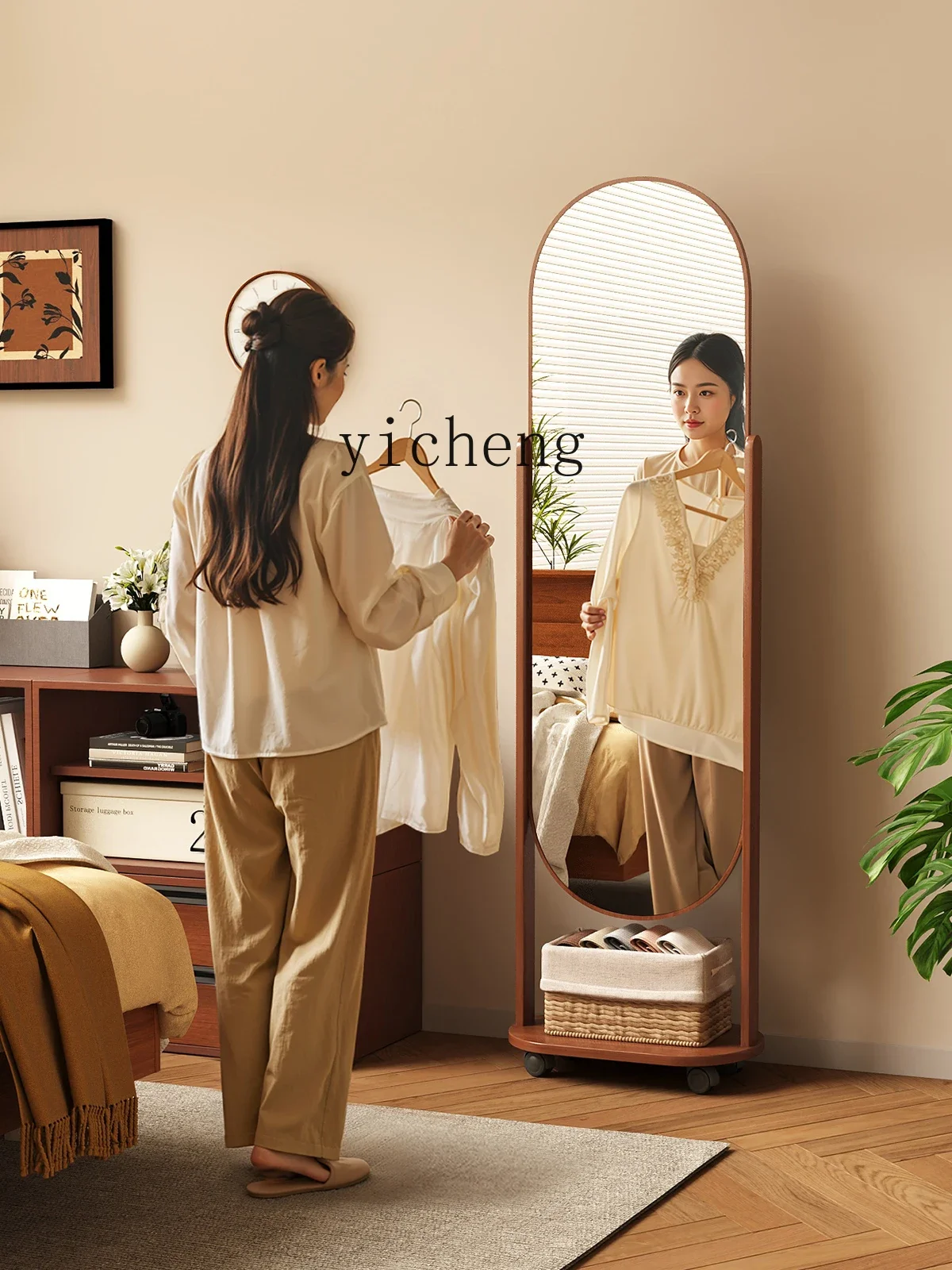 JJ full-length mirror rotating whole body movable floor-to-ceiling household clothes hanger integrated fitting mirror