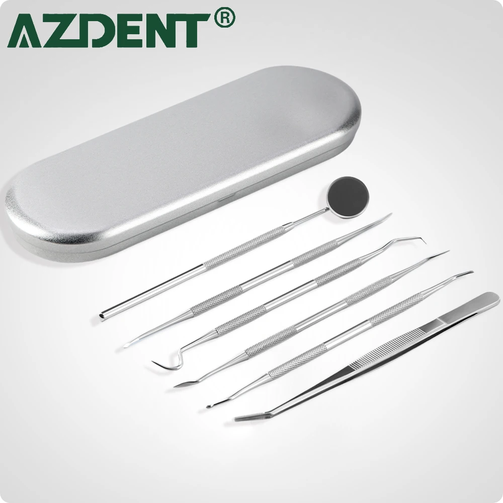 6PCS/Kit AZDENT Dental Cleaning Tools Set Mouth Mirror Stainless Steel Tweezers Elbow Probe Triangle Shovel Dentistry Instrument