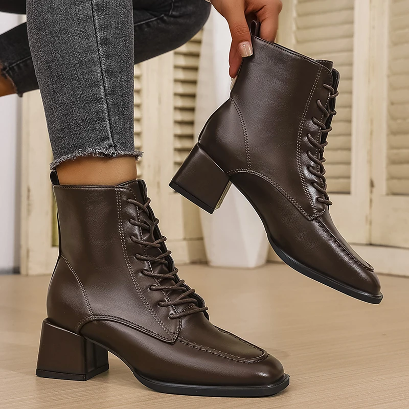 New All-Match Thick Heel Boots for Women British Style Square Toe Lace Up Boots Woman Comfortable Mid-Heel Plus Size Botsa Lady