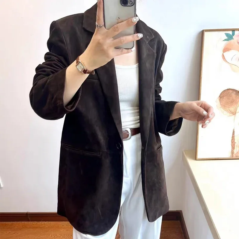 Fashion Top layer Suede Suit Jacket for Women Imported Kid Suede 100% Leather One Button Back Slit Cut Coat Linda Fuchsia Ceket