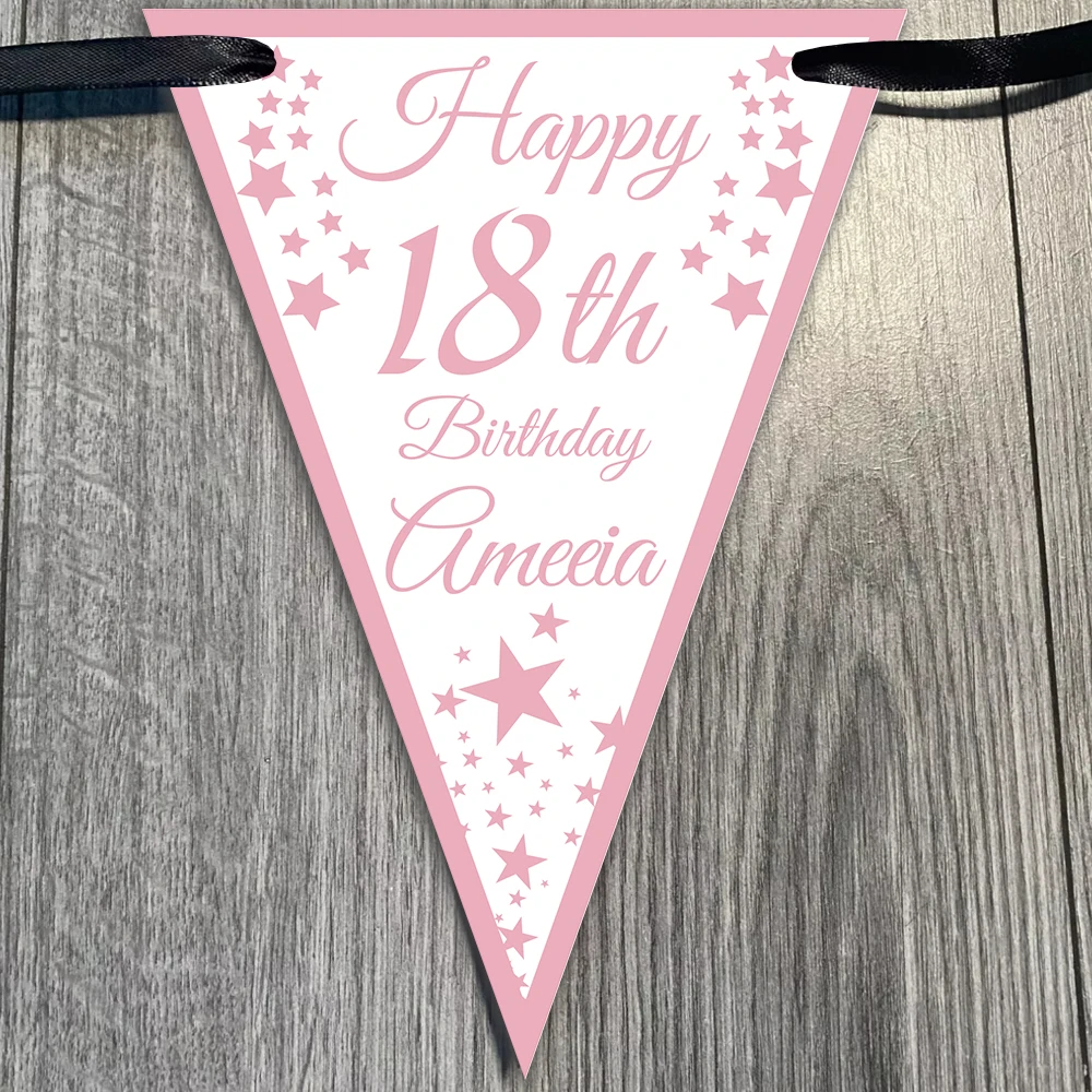 16pcs Customizable Birthday Banner Party Decorations, Personalized Name and Age, Romantic Hanging Flags, Includes 5m Ribbon
