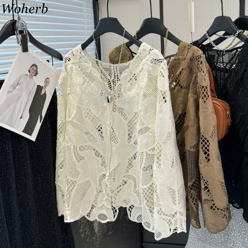 

Sun Protection Lace Embroidery Shirts Long Sleeve Hollow Out All Match Blouses Women Clothing V-neck Single Breasted Korean Tops