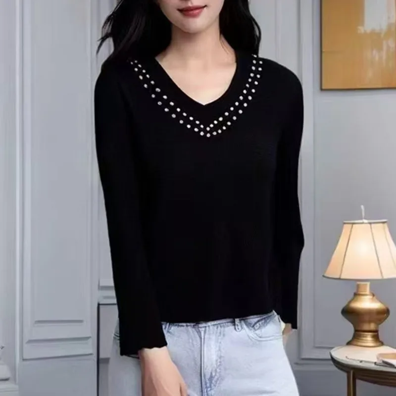 البلوزات الديكور الخامس الرقبة محبوك سترة المرأة البلوفرات جديد أبيض كم طويل متماسكة سترة البلوز النساء بلايز تريكو Q1796 #5