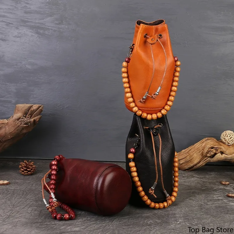 Vintage Mini Bucket Bag for Women Full Grain Leather Everyday Drawstring Genuine Leather Vegetable Tanned Luxury Handbag