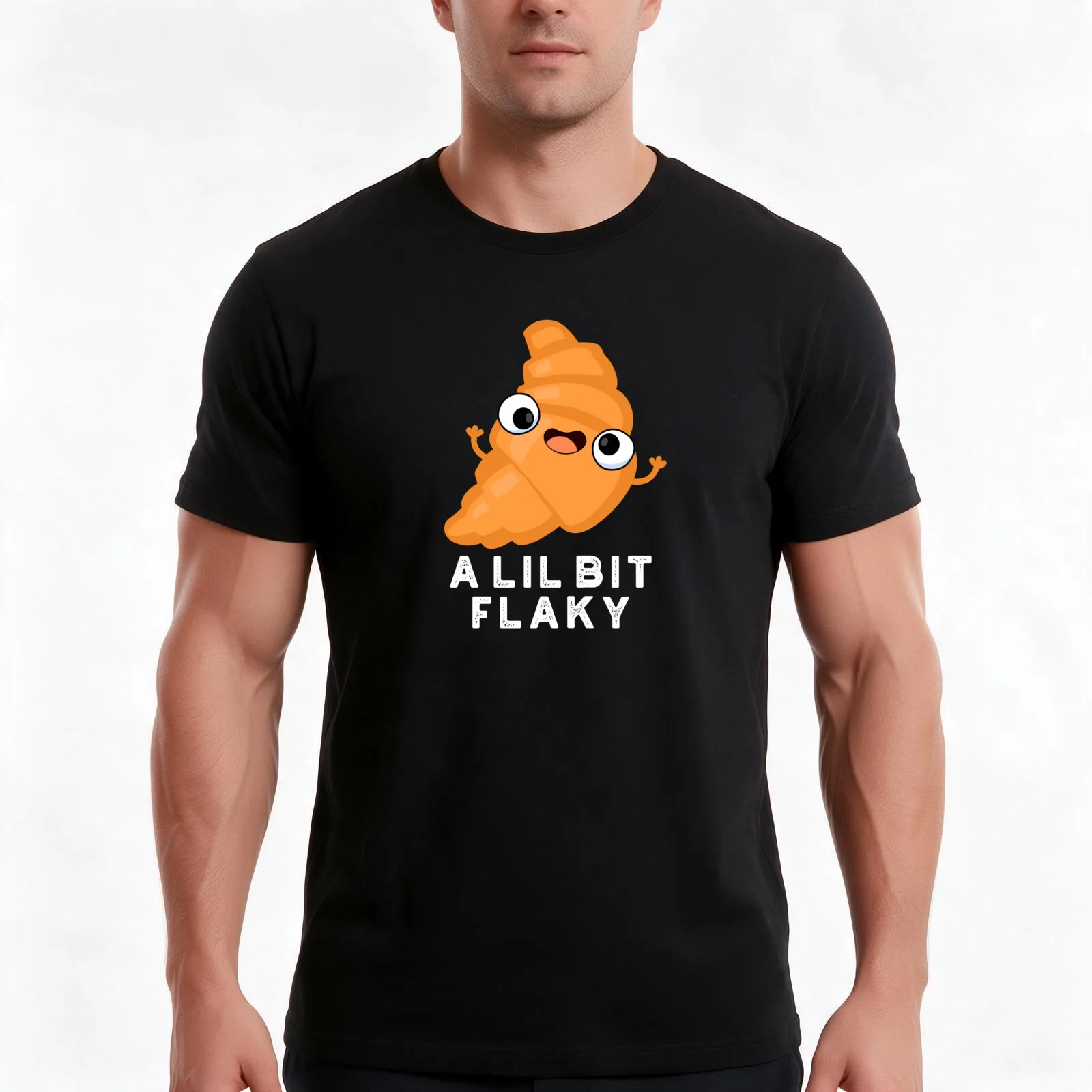 A Lil Bit Flaky Pastry Funny Croissant Puns (Dark BG) T-Shirt, Summer Casual Cotton Tee, Oversized Streetwear Tops, 100% Cotton