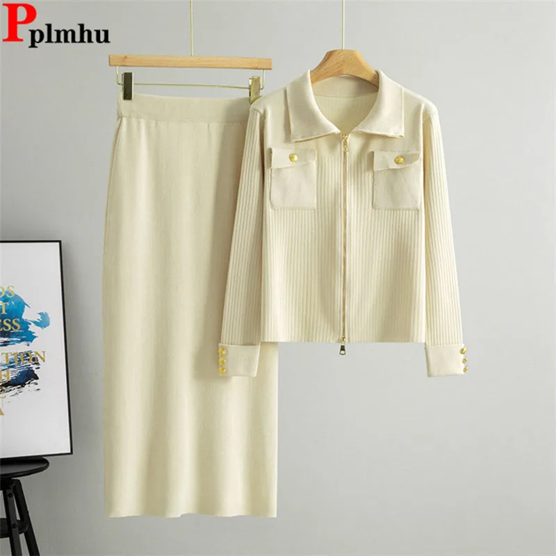 

Korean Design Knitted 2 Piece Sets Women Lapel Neck Zipper Sweater Cardigan Tops Conjuntos Elegant New High Waist Skirts Outfit
