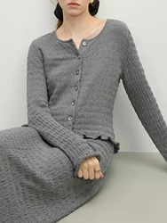 FSLE Ruffled Round Neck with Cashmere Long-sleeved Knitted Cardigan for Women 2025 Spring New Versatile Casual Chic Set