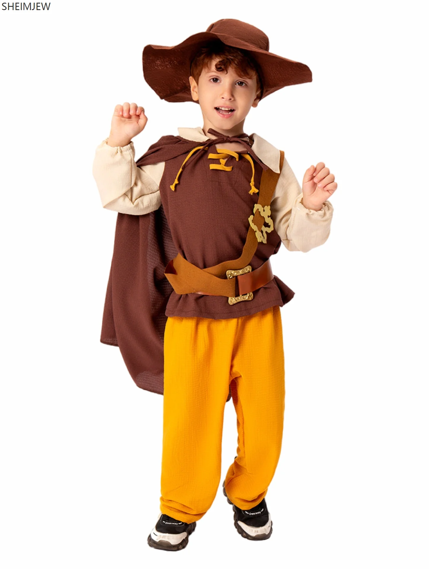 Boys Medieval Costume Cosplay Colonial Pioneer Trousers Children's Day Ruffle Denim Knight Halloween Girls Dress Stage Party Set
