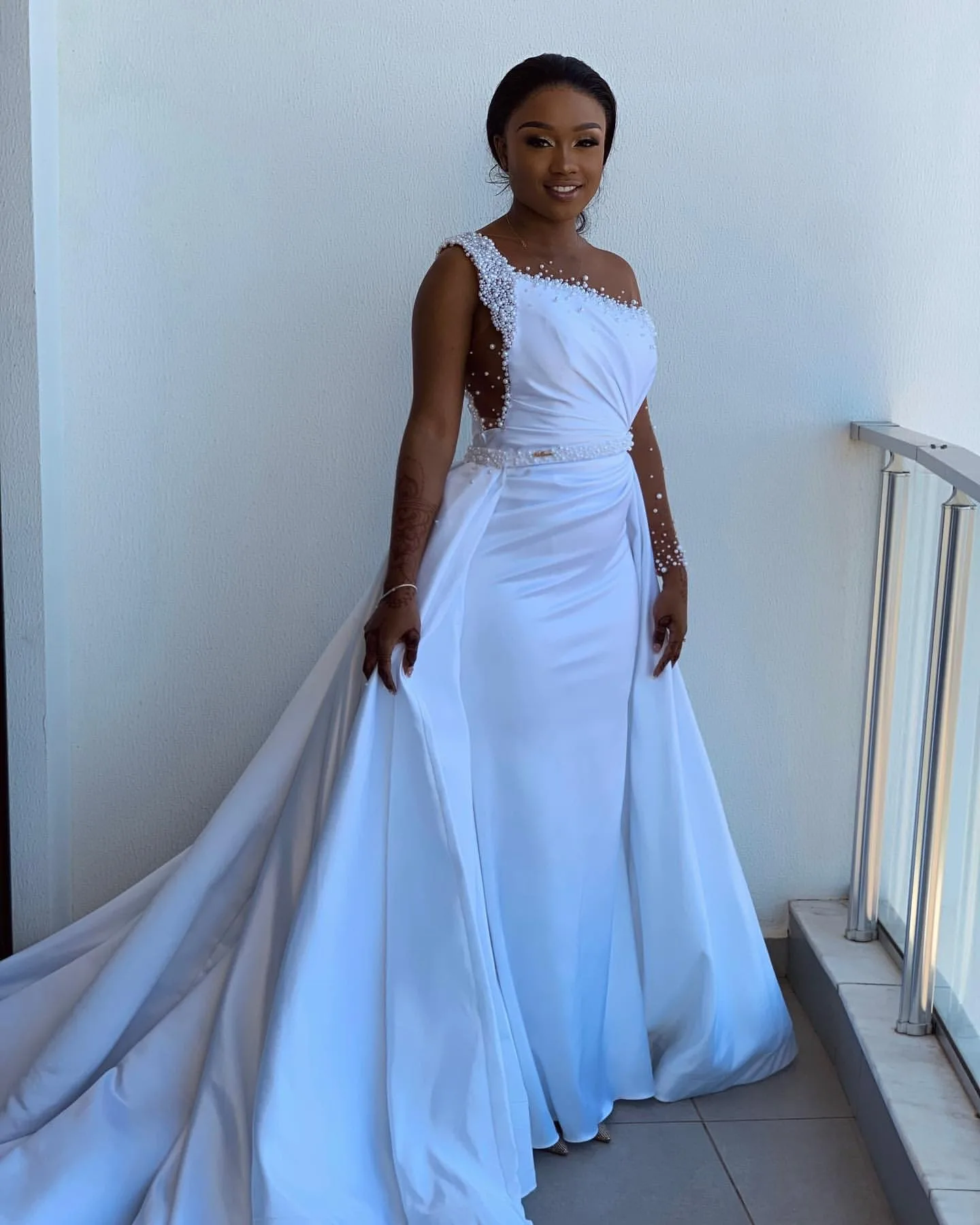 Personalizar sheer shinny pérolas vestido de casamento para noiva vestidos de novia manga longa aso ebi sereia trem destacável vestido de noiva