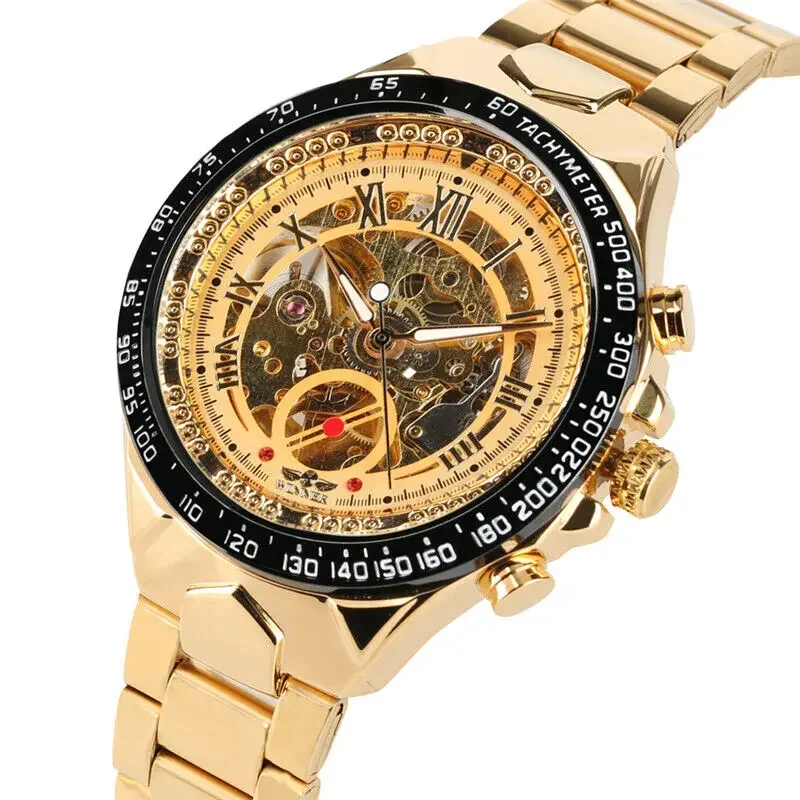 Winner Men's Automatic Self Wind Watch Skeleton Wristwatch Golden Stainless Steel Strap Watches