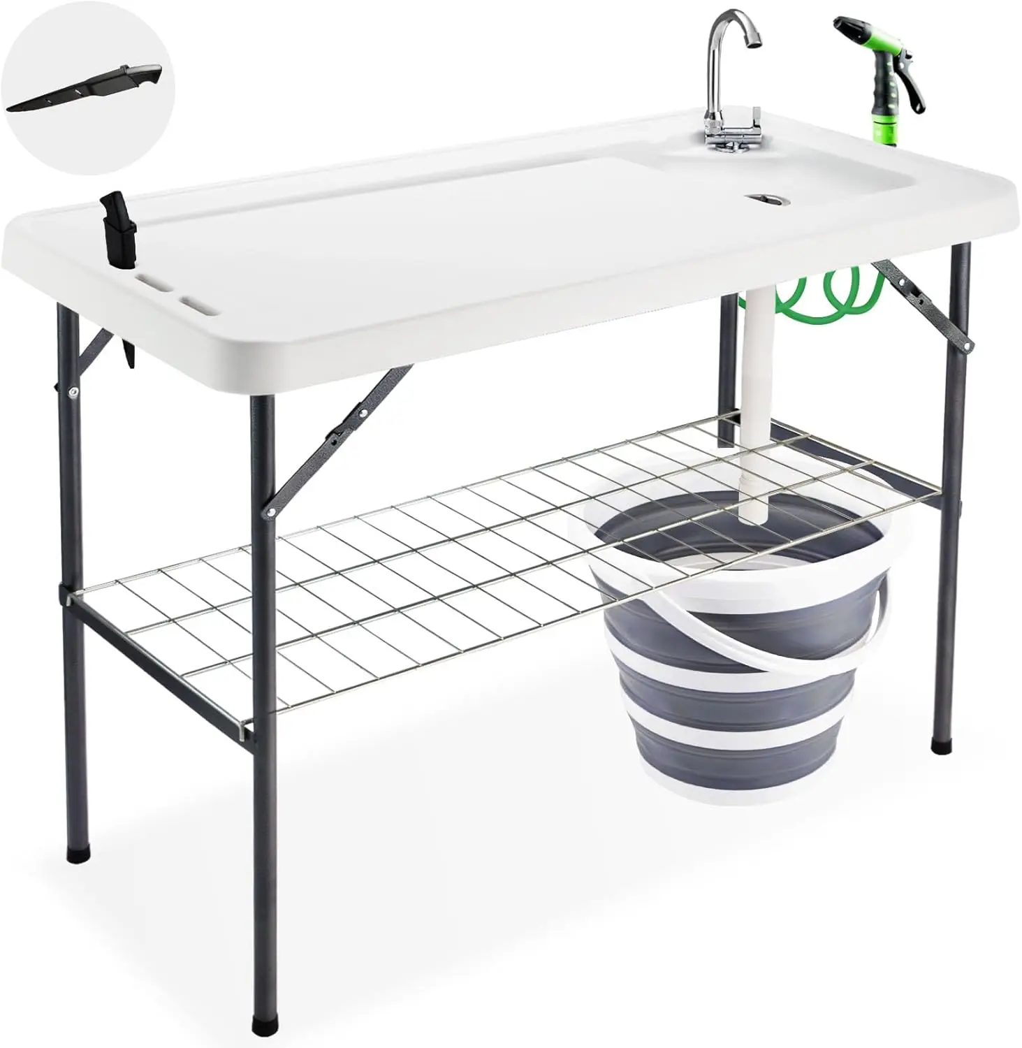 Cleaning Table with Collapsible Bucket, Portable Outdoor Fillet Station Camping Sink Table with Faucet, Drainage Hose & Sprayer,