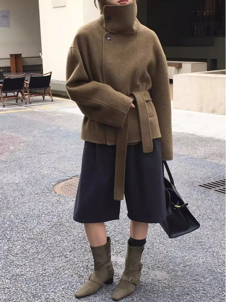 DFDG 2025 Fall Winter Women’s Handmade Wool Coat Double-Faced Belted Cropped Jacket Oversized Stand Collar Designer Outerwear